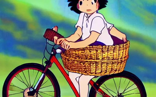 Image similar to a young filipino girl riding a bike with a basket, art by hayao miyazaki, studio ghibli film, hi res, 4k