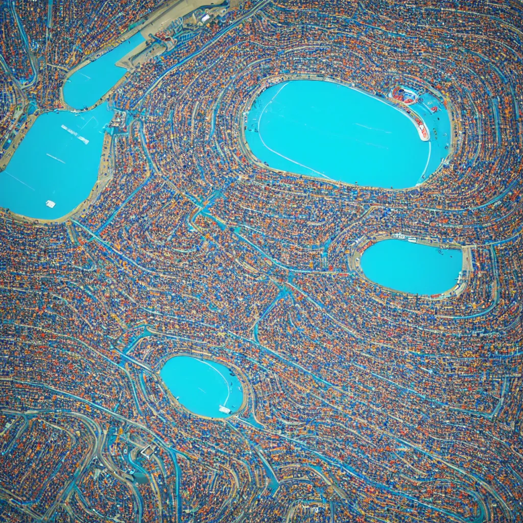 Image similar to F1 racetrack over pools of bright blue water, birds eye view