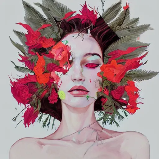 Image similar to surreal gouache paintingby conrad roset, female head with flowers growing out, portrait, cgsociety, artstation, rococo dreamycostume and grand headpiece,