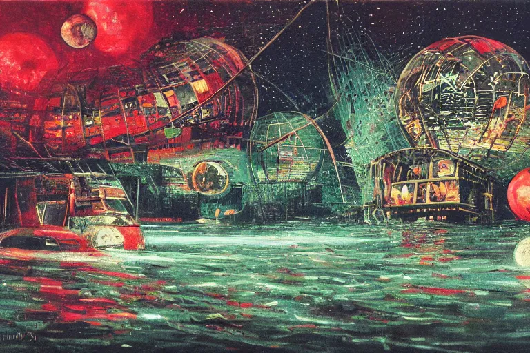 Image similar to river boats speeding between spherical tree houses on flooded streets of new york painting, red and green palette, night lights, starry sky, by ( h. r. giger ) and paul lehr