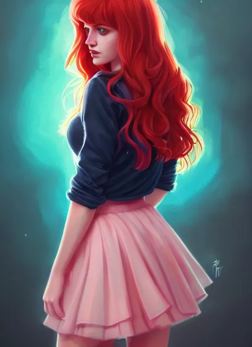 Image similar to full body portrait of teenage cheryl blossom, bangs, green eyes, sultry expression, red hair, sultry smirk, bangs and wavy hair, pink skirt, bangs, intricate, elegant, glowing lights, highly detailed, digital painting, artstation, concept art, smooth, sharp focus, illustration, art by wlop, mars ravelo and greg rutkowski