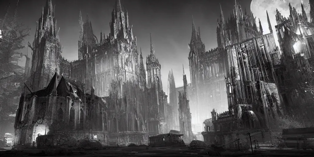 Image similar to grimdark tsutomu nihei aposimz gothic cathedral city, unreal engine, 8 k, ultra realistic, ultra detail