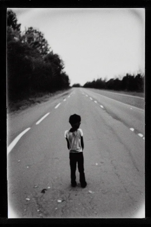 Prompt: photo polaroid of a sad and lonely child in the middle of a road with field hospitals around, pandemic, loneliness, black and white ,photorealistic, 35mm film,