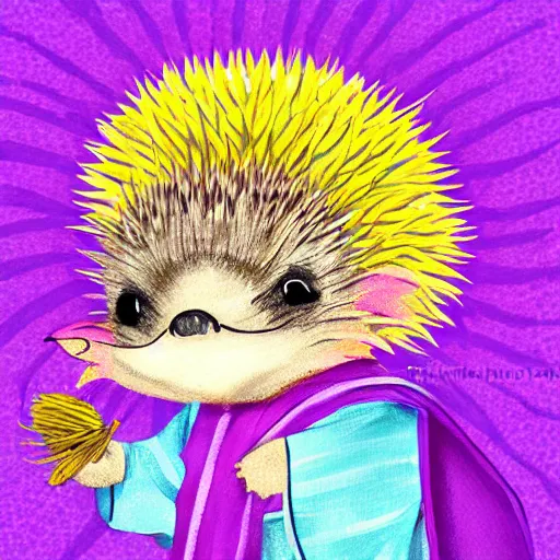 Image similar to adorable hedgehog in a kimono, holding a purple dandelion, art, digital art