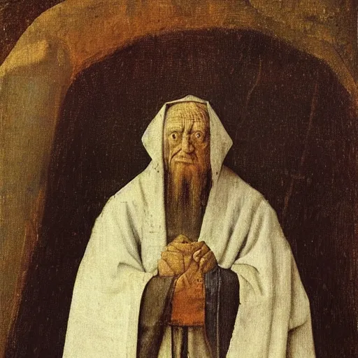 Prompt: portrait of an old wise wizard man in an ancient robe, art by hieronymus bosch