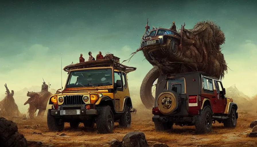 Image similar to Mahindra thar, tribe members watching nearby, an epic fantasy, dramatic lighting, cinematic, establishing shot, extremely high detail, photorealistic, cinematic lighting, artstation, by simon stalenhag, christopher nolan, horizon forbidden west