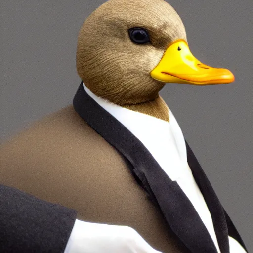 Prompt: a high detail photo of an antropomorphic duck wearing a suit, subject= duck, subject detail: wearing a suit, photorealism