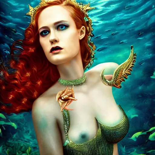 Image similar to evan rachel wood portrait, fantasy, mermaid, hyperrealistic, game character, underwater, highly detailed, sharp focus, cinematic lighting, pearls, glowing hair, shells, gills, crown, water, highlights, starfish, jewelry, realistic, digital art, pastel, magic, fiction, ocean, king, colorful hair, sparkly eyes, fish, heroic, goddess, waves, bubbles, queen