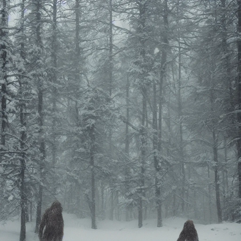 Image similar to photo, bigfoot is hiding in the background. cold color temperature, snow storm. hazy atmosphere. humidity haze. kodak ektachrome, greenish expired film, award winning, low contrast