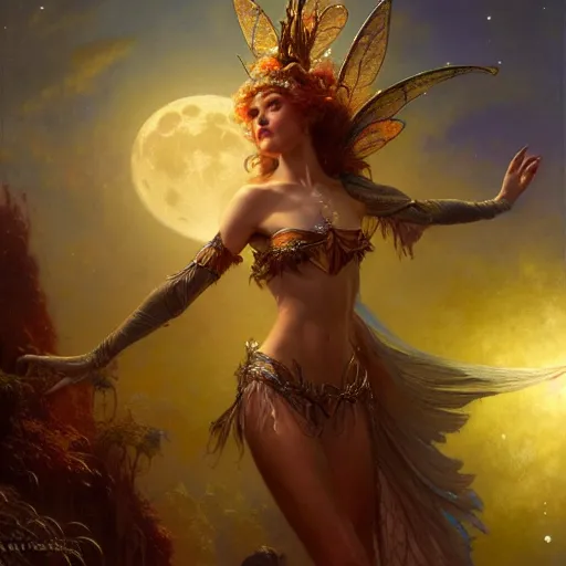 Image similar to attractive fairy queen fly high in the night, fantasy, full moon in background. hyper detailed painting by gaston bussiere, craig mullins, j. c. leyendecker, mid shot, 8 k, cryengone, cinematic lighting, beautiful,