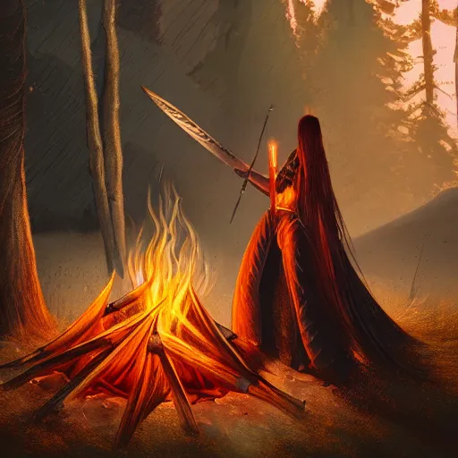 Prompt: malenia blade of miquella from elden ring near a camp fire, evening time, digital illustration, crisp details, highly detailed art, 8k image quality, full body camera shot