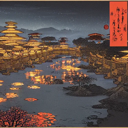 Prompt: concept art, river lanterns on the eve of ullambana festival, high resolution, by james gurney, katsushika hokusai, fujishima takeji, hiroshi yoshida, artstation