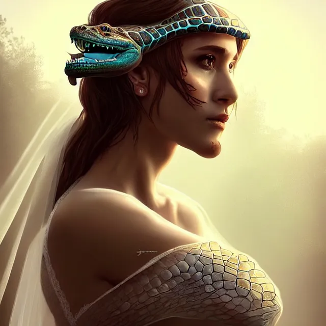 Prompt: epic professional digital art of 👰‍♀️🐊🥰,best on artstation, cgsociety, wlop, Behance, pixiv, astonishing, impressive, outstanding, epic, cinematic, stunning, gorgeous, much detail, much wow, masterpiece.
