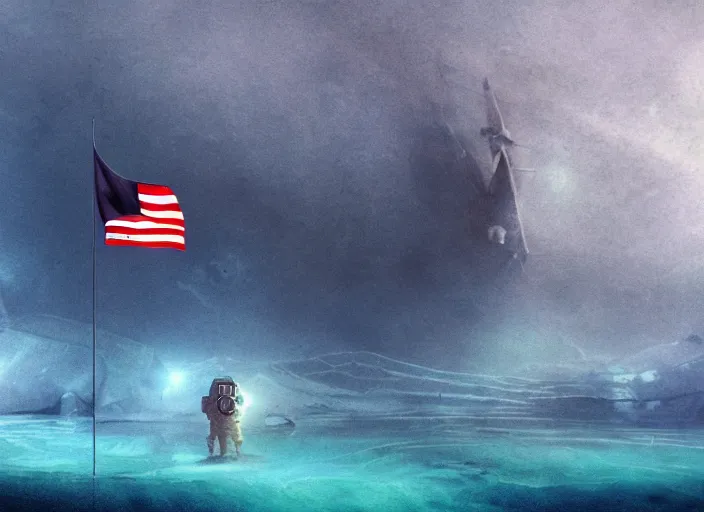 Image similar to astronaut holding a flag, underwater desert scene, submarine in background. dark, concept art, cinematic, dramatic, atmospheric, 8 k, trending on artstation, blue, fish, low visibility, fog, ocean floor, by christopher nolan, denis villeneuve