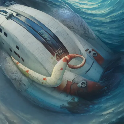 Image similar to subsurface scattering, white, giant submarine, koi colors, never koi, octane render, jesper ejsing, justin gerard, james jean, tomasz alen kopera, cgsociety, fenghua zhong, makoto shinkai, highly detailed, rim light, art, cinematic lighting, very coherent, hyper realism, 8 k