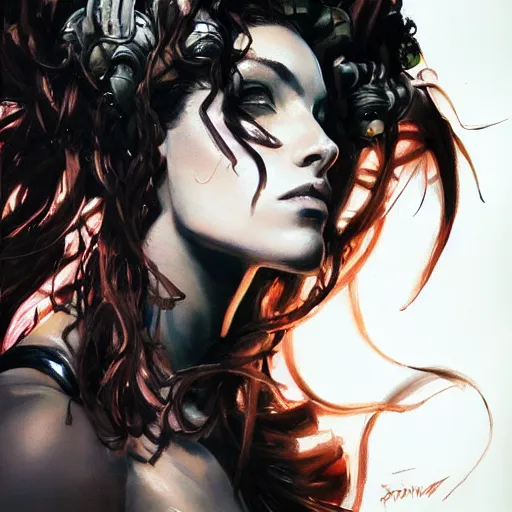 Image similar to a dramatic side portrait painting of a medusa. her face is covered by a veil, and light is glowing. art by yoji shinkawa and sandra chevrier, trending on artstation, award - winning, perfect composition.