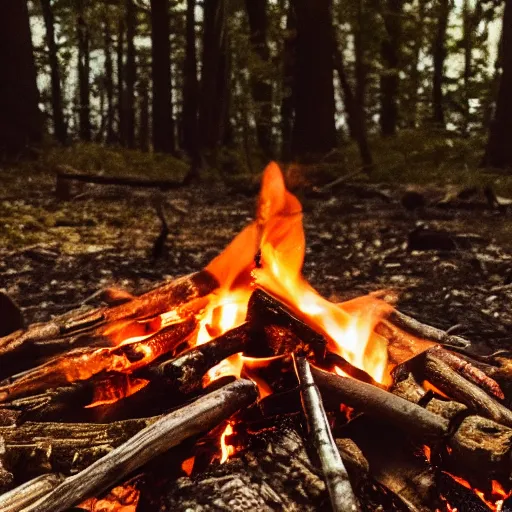 Prompt: closeup of a campfire in an ominous forest burning voodoo dolls, photography