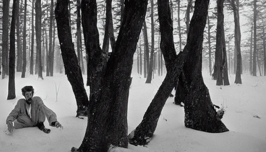 Image similar to 1 9 6 0 s movie still close up of a skinny emperor marcus aurelius with frozen face, laying down on the danube's shore pine forests, cinestill 8 0 0 t 3 5 mm b & w, high quality, heavy grain, high detail, cinematic composition, dramatic light, anamorphic, hyperrealistic, very foggy, by irving penn