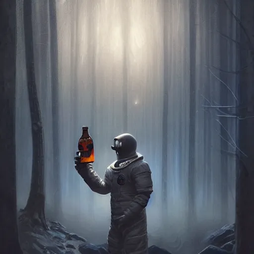 Prompt: character concept of an astronaut, with beer bottle in hand, ima dark rain forest at night, foggy, eerie, highly detailed, digital painting, artstation, concept art, symmetry, smooth, sharp focus, illustration, art by artgerm and greg rutkowski and alphonse mucha