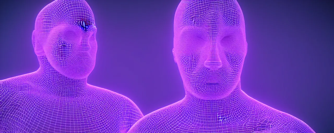 Image similar to man covered with a fractal structure from whose eyes comes a purple glow, realistic 3 d render, octane render 4 k