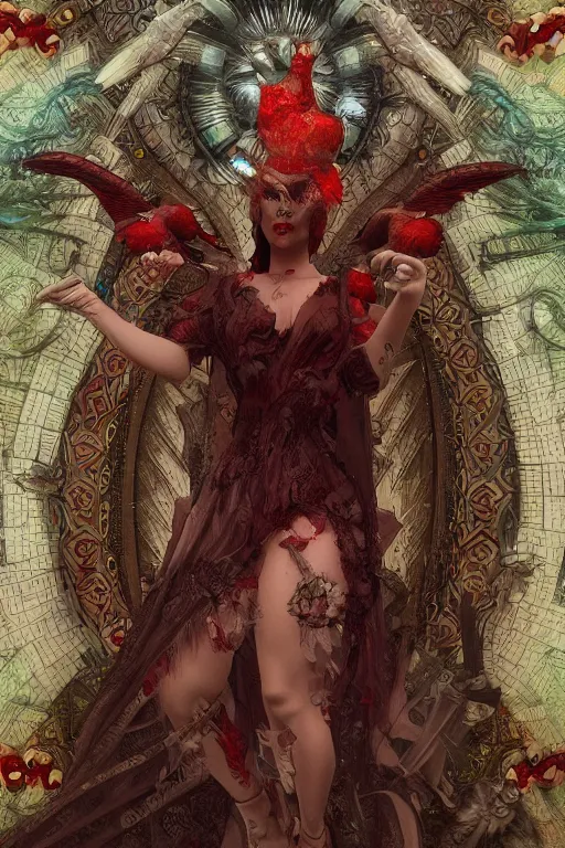 Prompt: zoom in 3 d render of demon with red face in church holding birds, ornaments, mucha vibe, dieselpunk, solarpunk, artstation, andrei riabovitchev