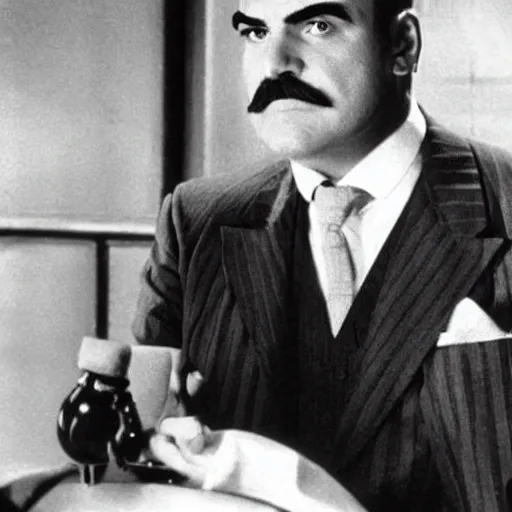 Image similar to scene of the hercule poirot tv serie featuring david suchet shaved