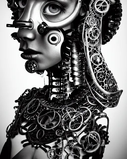 Image similar to black and white dreamy foggy smoky profile face portrait, one silver steampunk eye biomechanical beautiful young female cyclope - cyborg - robot bust, body ribs meshes,, volumetric light, hibiscus flowers, by hg giger, rim light, by dora maar and cecile beaton, big gothic fashion pearl embroidered collar, 8 k