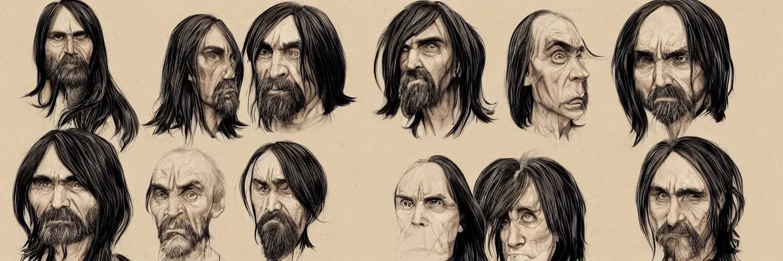 Image similar to character study of charles manson and iggy pop, clear faces, wild, crazy, character sheet, fine details, concept design, contrast, kim jung gi, pixar and da vinci, trending on artstation, 8 k, full body and head, turnaround, front view, back view, ultra wide angle