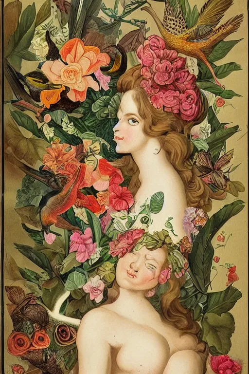 Image similar to beautiful girl Amalgamation with flowers, fruits, birds by Beto Val, John James Audubon, vintage illustration, bizarre compositions, Exquisite detail