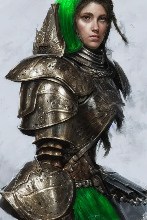 Image similar to highly detailed full body portrait painting of a proud young female knight wearing heavy armour in the style of Warhammer Fantasy by Craig Mullins, medium hair, green eyes, earrings, low angle shot, highly detailed, trending on artstation, cgsociety, 4k, 8k, HDR, octane render, unreal engine