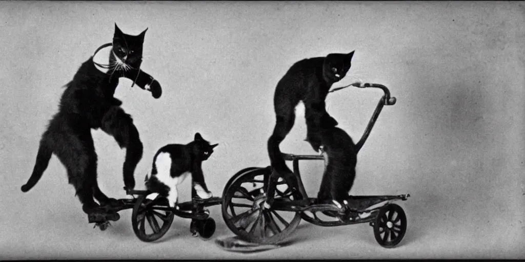 Prompt: very old black and white photo from 1898, film grain, cats on classic rollerskates while making important phone calls, funny, silly