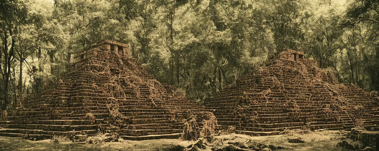 Image similar to an ancient aztec temple in the middle of the forest made out of spaghetti, canon 5 0 mm, cinematic lighting, photography, retro, film, kodachrome