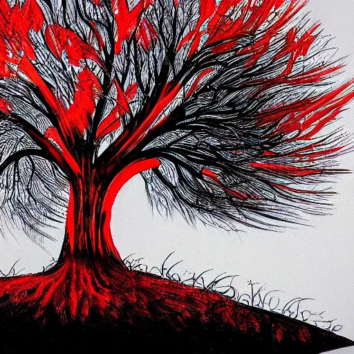 Prompt: Black flames charring the red tree, art station award winning, highly detailed