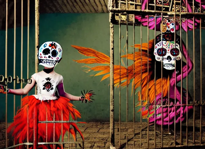 Image similar to a child wearing dia de los muertos costume in a cage, behind bars, whispers secrets to her alejbrie animal spirit. sharpe matte painting, lowbrow, pop surrealism art, neo expressionism, nouveau realisme decollage, contemporary art illustration, oaxacan alebrijes, photography by steven curry