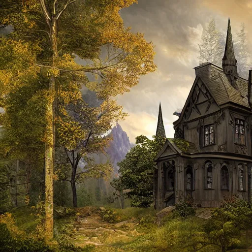 Prompt: a gothic mansion in the woods with mountains in the back, a trail leads to the doors. amy weber, andi rusu, Dan Frazier, matte painting