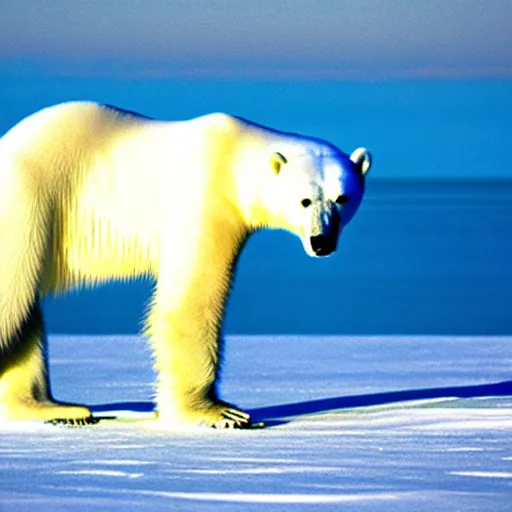 Image similar to a photo of a skinny polar bear beside a block of ice, on a tiny pacific island, beautiful desert island, national geographic