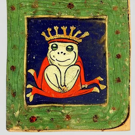 Image similar to beautiful medieval book manuscript painting of a frog wearing a crown