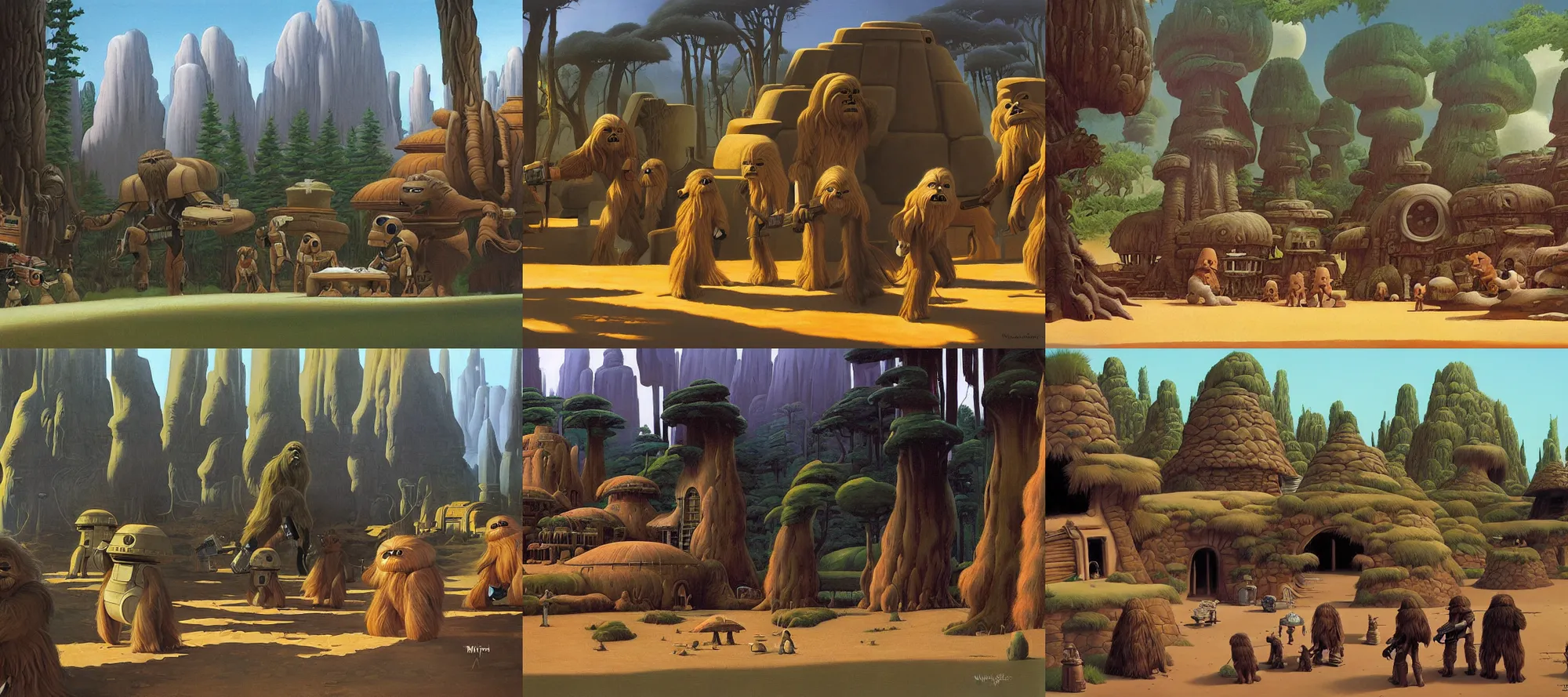 Prompt: wookiee village painting by ralph mcquarrie