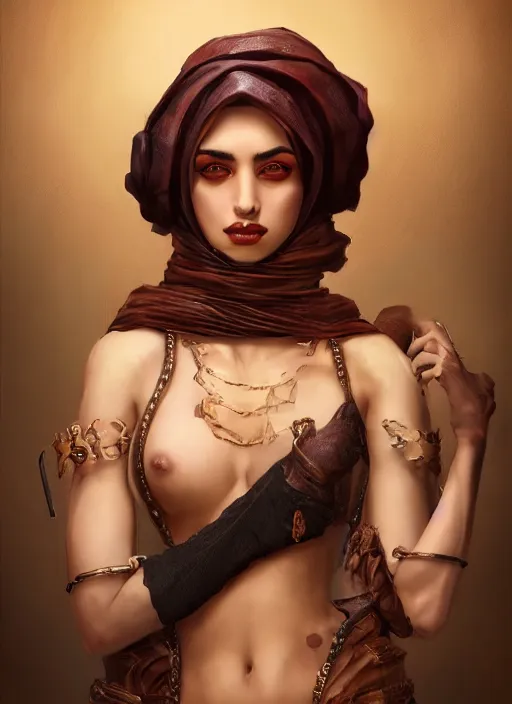 Image similar to Beautiful Arab girl with chest wrapped in bandages, leather, portrait, fantasy, medieval, vivid colors, fantasy, elegant, concept art, sharp focus, beautiful face, digital art, Hyper-realistic, 4K, Unreal Engine, Highly Detailed, HD, Dramatic Lighting by Brom, trending on Artstation