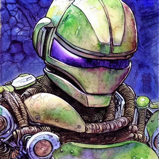 Image similar to a realistic and atmospheric watercolour fantasy character concept art portrait of a mechanized android turtle as a druidic warrior wizard looking at the camera with an intelligent gaze, very muted colors, by rebecca guay, michael kaluta, charles vess and jean moebius giraud