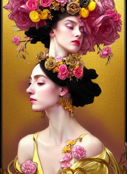 Image similar to beautiful black pink yellow, complicated gold and pink flowers in baroque style headwears, dark fantasy, intricate, elegant, highly detailed, digital painting, artstation, concept art, matte, 3 d 8 k octane rendered, sharp focus, illustration, octane rendered, art by artgerm and alphonse mucha, leesha hannigan