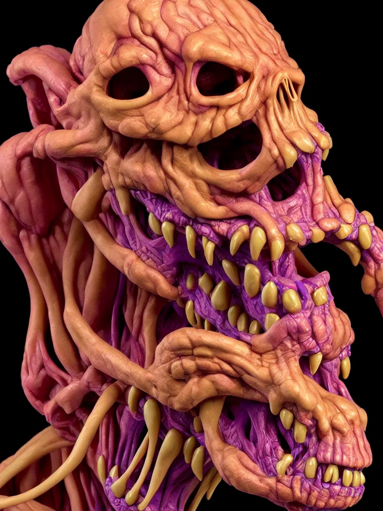 Image similar to hyperrealistic rendering, cronenberg flesh monster skeletor by art of skinner and richard corben and jeff easley, product photography, action figure, sofubi, studio lighting, colored gels