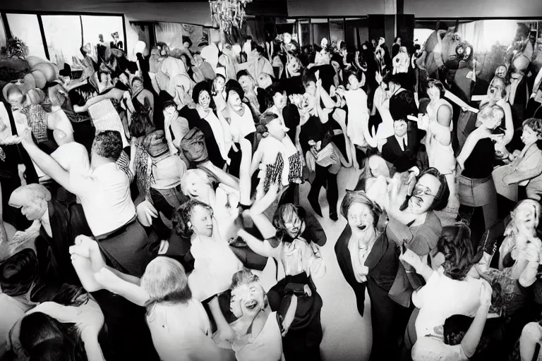 Image similar to “Photograph of a party with people dancing in luxurious modern mid century house. Fun. Retro advert style.”