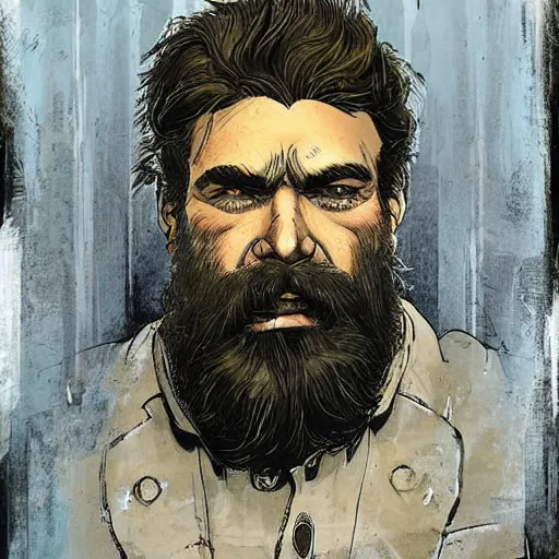 Prompt: beautiful portrait of a young bearded man, in the style of Enki Bilal and Joe Jusko and Alex Ross