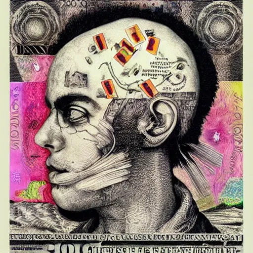 Image similar to post - punk new age album cover, asymmetrical design, dollar bank notes, capitalism, magic, apocalypse, psychedelic, black white pink, magic, giger h. r., giuseppe arcimboldo