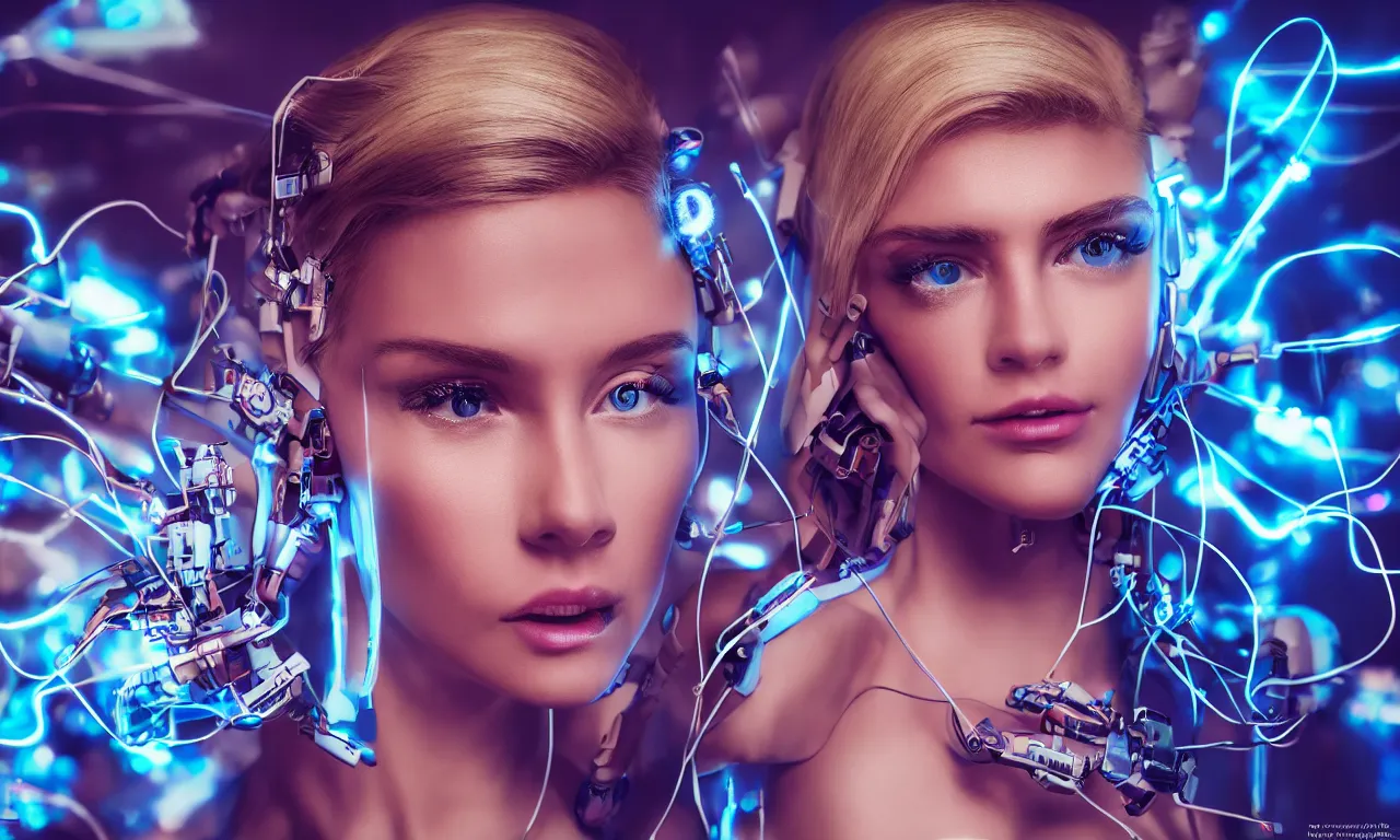 Image similar to A beautiful blonde model who is half of a robot with wires coming out of her head, Cyberpunk, neon, 60s, Sony a7R IV, symmetric balance, polarizing filter, Photolab, Lightroom, 4K, Dolby Vision, Photography Award