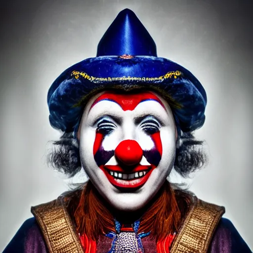 Prompt: stunning beautiful portrait photography of a medieval clown from national geographic magazine award winning, dramatic lighting, taken with Sony alpha 9, sigma art lens, medium-shot