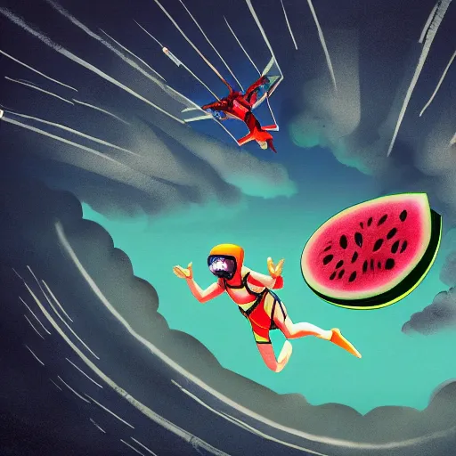 Prompt: A watermelon skydiving from a plane, dynamic lighting, cinematic, ultra detailed, trending on art station