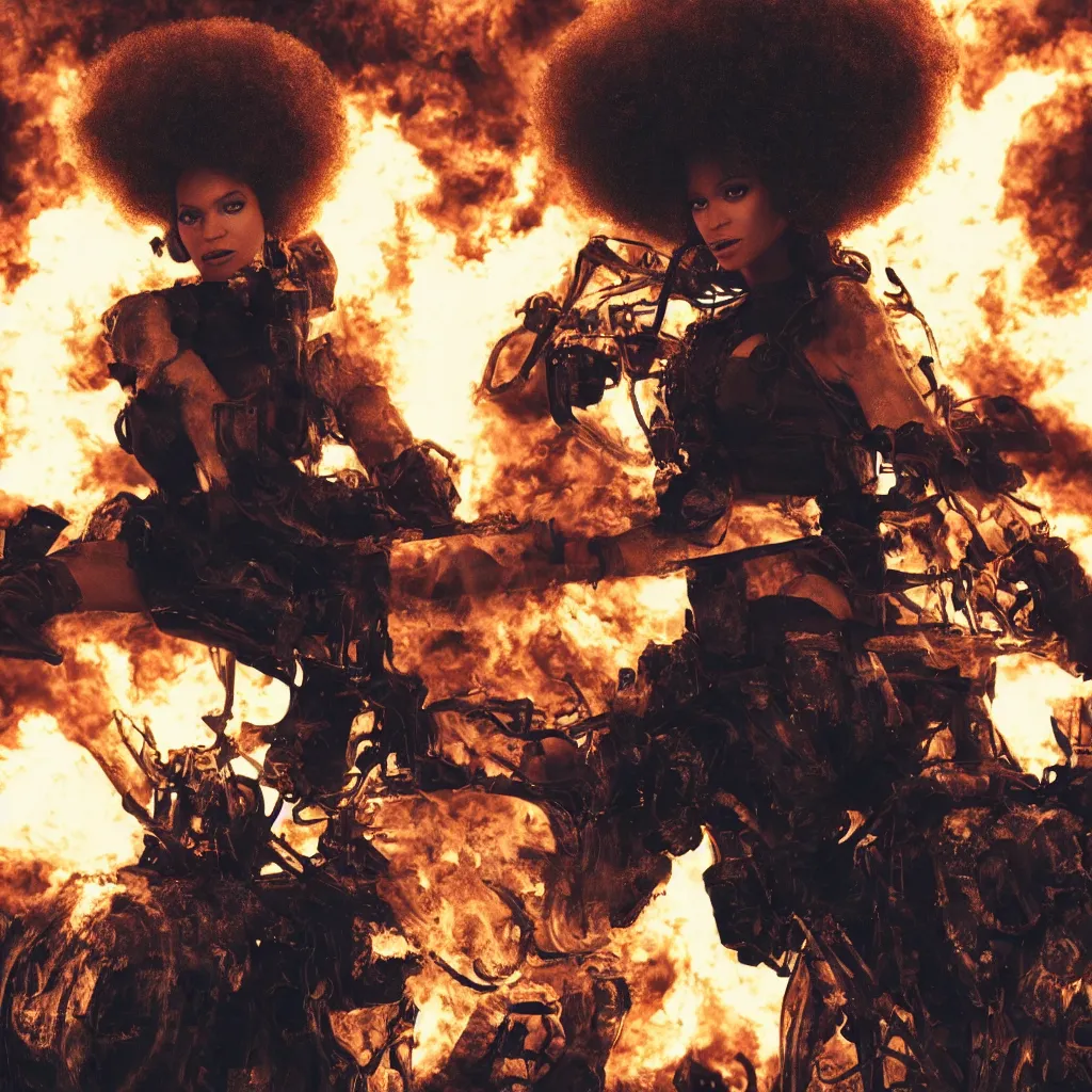 Image similar to beyonce with a afro hair style riding a hellfire missile, cinematic framing, cinematic lighting, hdr, gritty, movie still, 4k, 70s psychedelic style