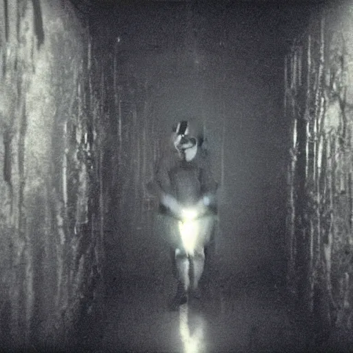 Image similar to a flash photo of creepy wendigo with an unnatural posture standing in a vantablack russian basement from the horror movie rec, shaky camera, it is deformed and is staring at the camera from the end of a dark liminal hallway. caught on vhs, film grain, national geographic award winning photography,